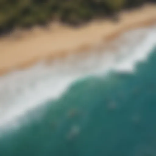 Aerial view of Waimea Bay showcasing surfers riding powerful waves under a clear blue sky.