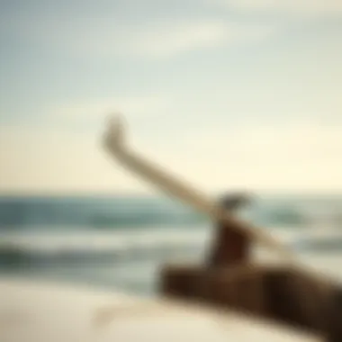 The elevated surfboard displayed against a picturesque ocean backdrop