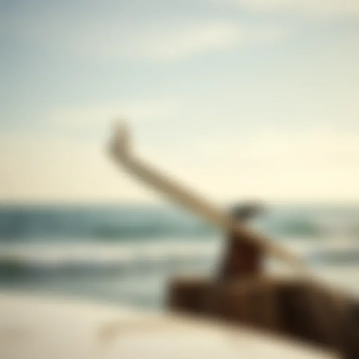 The elevated surfboard displayed against a picturesque ocean backdrop