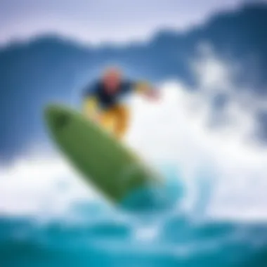 A surfer riding the elevated surfboard on a wave