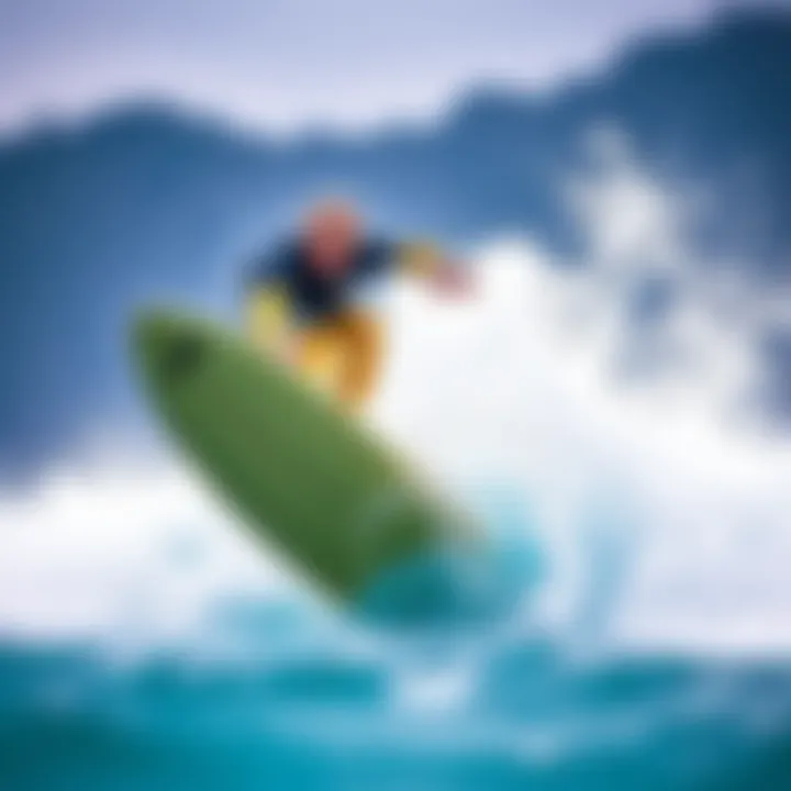 A surfer riding the elevated surfboard on a wave