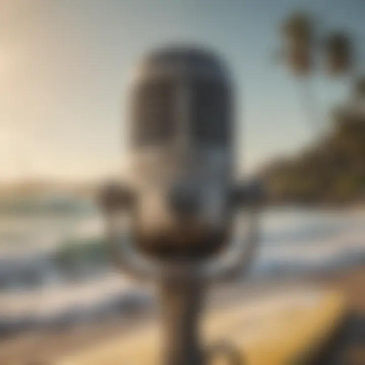 A vintage microphone surrounded by surfboards, representing podcasting culture