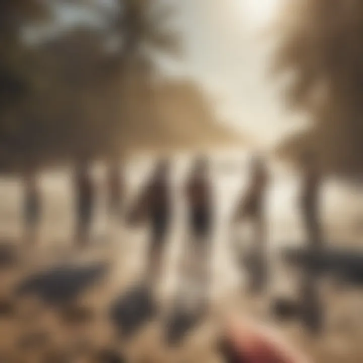 A group of surfers discussing on the beach, highlighting community engagement