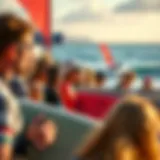 A vibrant surf competition scene at the Dolphin Cup