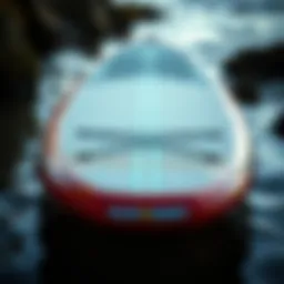 A detailed view of a paddle board showcasing its 33 inch width and design features.