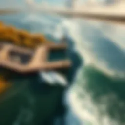 Aerial view of a man-made surf park with artificial wave technology in action