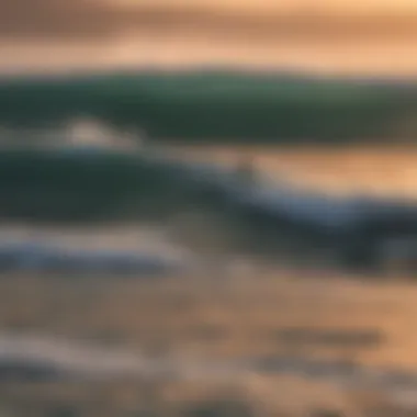 Surfers riding waves at sunset