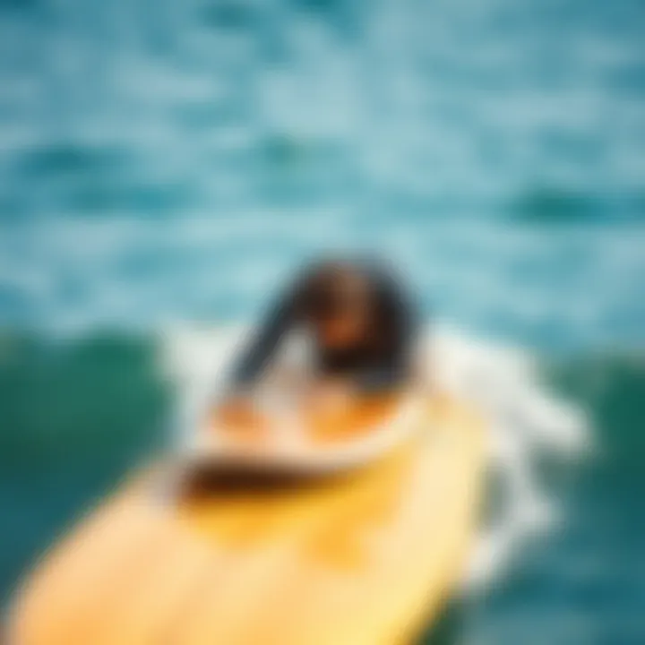 A surfer's interaction with a surfboard above water