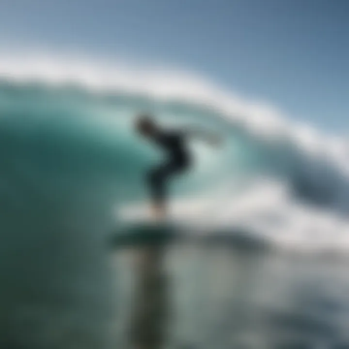 A surfer riding a foil surfboard on a wave, demonstrating technique and skill