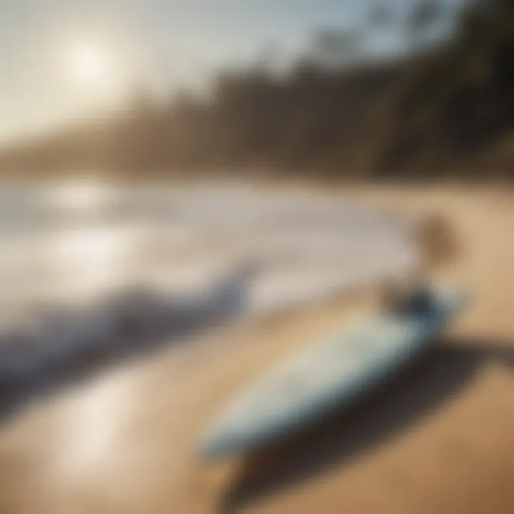 A serene beach landscape with electric surfboards on the sand