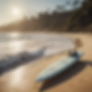 Environmental Considerations in Water Sports A serene beach landscape with electric surfboards on the sand