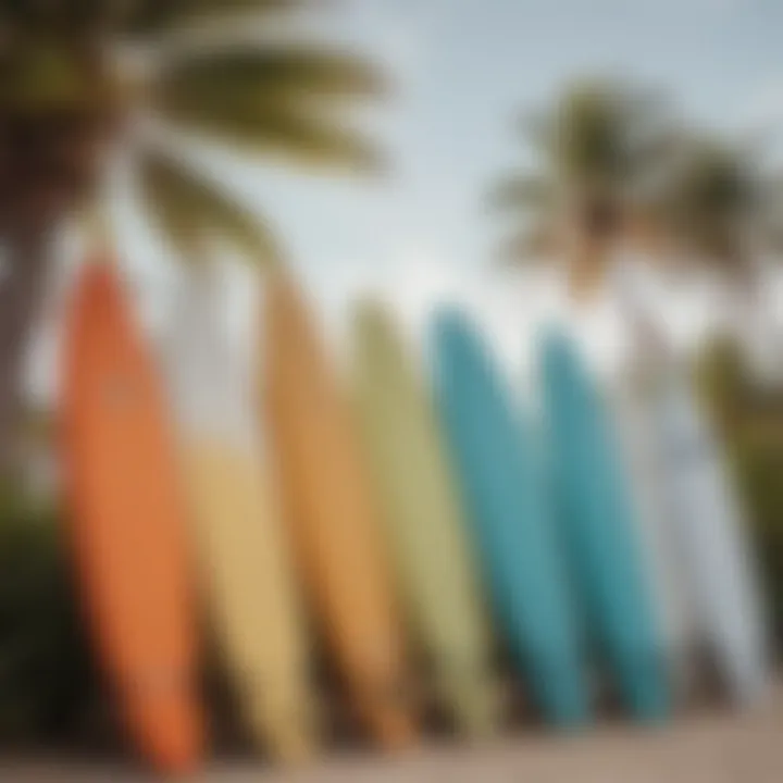 Surfboards lined up on the beach ready for a day of adventure