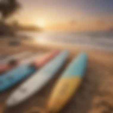 A serene beach scene at sunrise with surfboards lined up