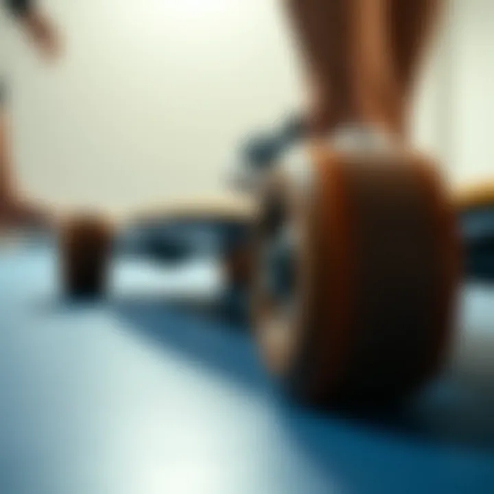 Close-up of skateboard wheels on a smooth surface