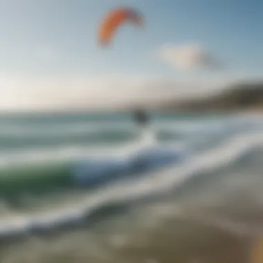 Kitesurfers Riding the Waves at Tarifa Panoramic view of Tarifa's coastline with kitesurfers in action