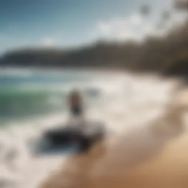 A scenic beach view with motorized water boards