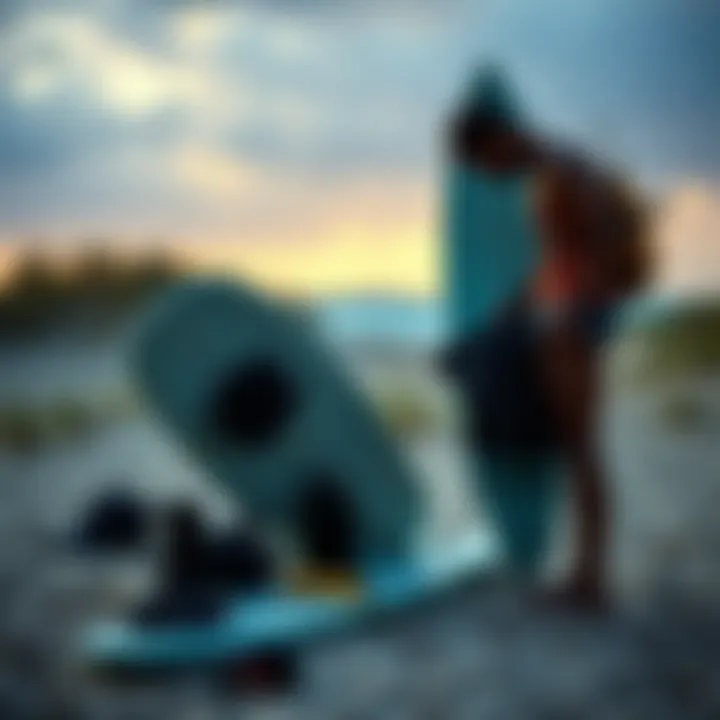 Surfer preparing gear on a sandy beach