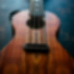 Close-up of the Ohana baritone ukulele showcasing its intricate wood grain