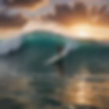 A surfer catching a wave at sunset in Poipu