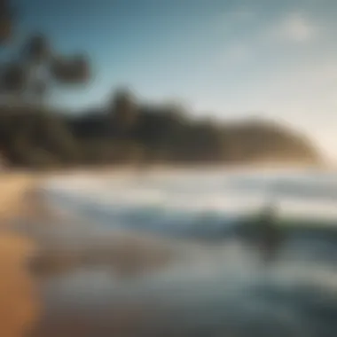 A scenic beach with surfers preparing for a competition