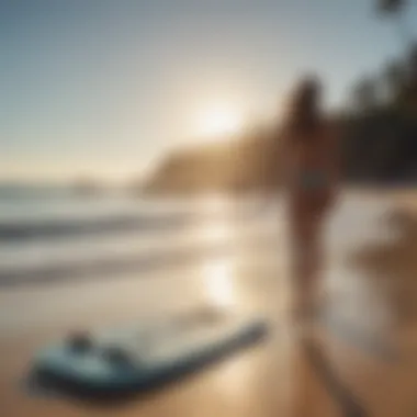 Vibrant Roxy boogie board against a scenic beach backdrop