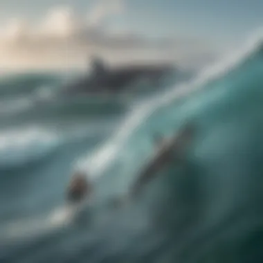 A surfer enjoying the ocean with a shark fin in the background.