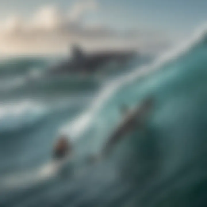 A surfer enjoying the ocean with a shark fin in the background.