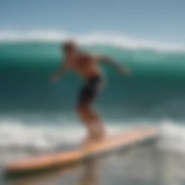 A surfer demonstrating techniques on a slick board