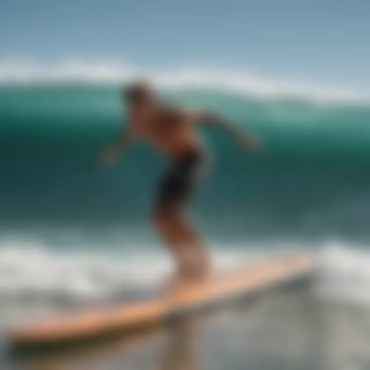 A surfer demonstrating techniques on a slick board