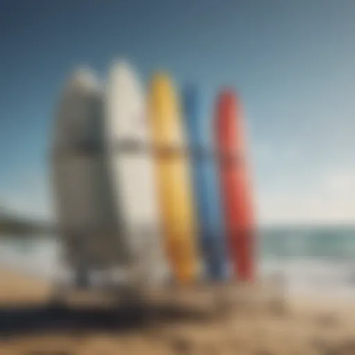 A modern standing surf rack showcasing various surfboards arranged neatly.