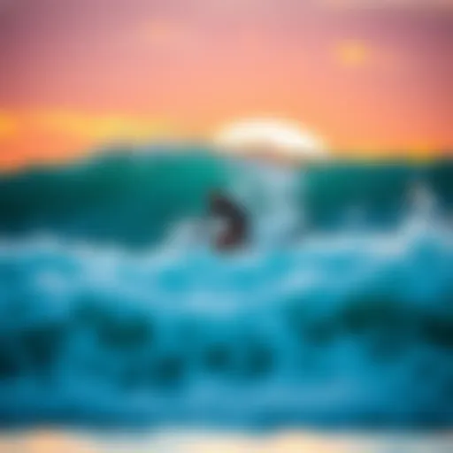 Surfer riding a wave at sunrise