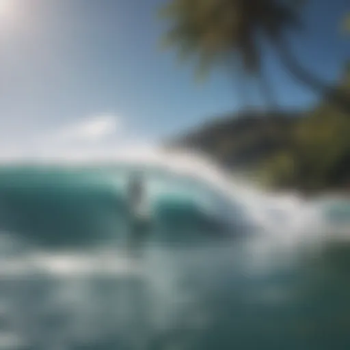 A pristine Hawaiian beach with surfers riding powerful waves