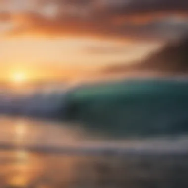 A vibrant sunset over the ocean with surfers silhouetted