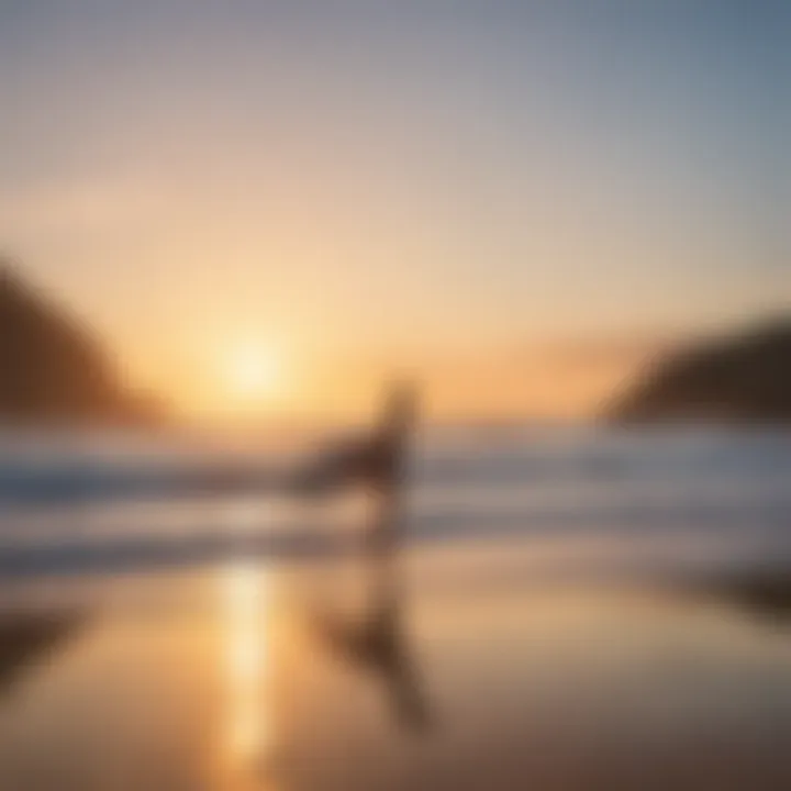 A serene beach at sunrise with a surfer practicing yoga on the sand