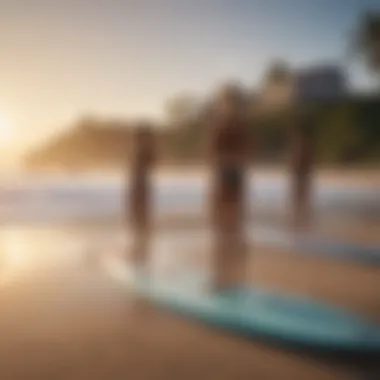 An intimate yoga class on the beach with surfboards in the background