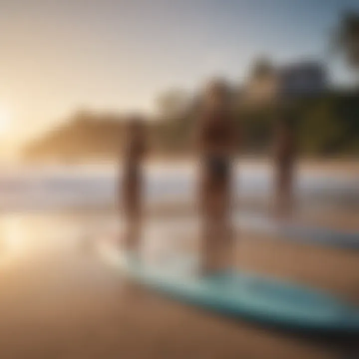 An intimate yoga class on the beach with surfboards in the background