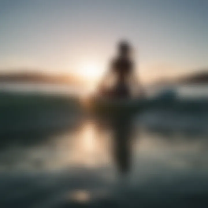 A calm ocean scene with a silhouette of a person performing yoga on a paddleboard