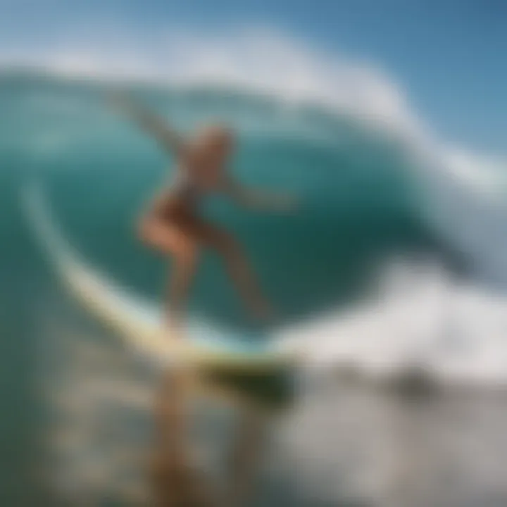 A surfer in mid-action riding a wave while maintaining a yoga pose