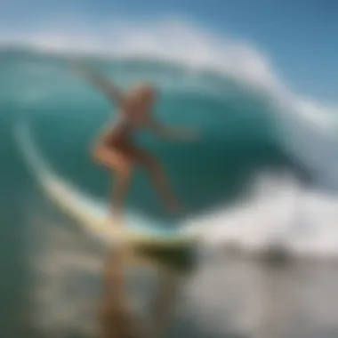 Balancing Act: Merging Surfing with Yoga A surfer in mid-action riding a wave while maintaining a yoga pose