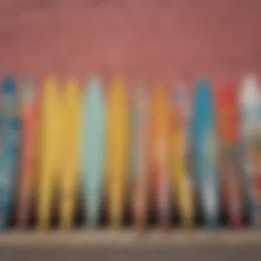 An artistic representation of diverse surfboards lined up against a colorful mural.