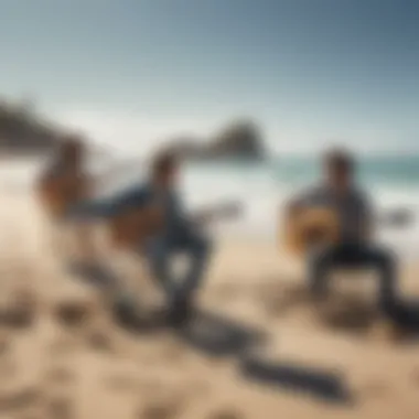 A group of musicians jamming together on the beach, capturing the essence of surf music.