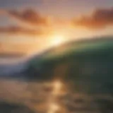 A vibrant beach scene showcasing surfers riding waves at sunset.