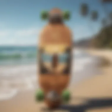 An artistic representation of a cruiser longboard on a scenic beach