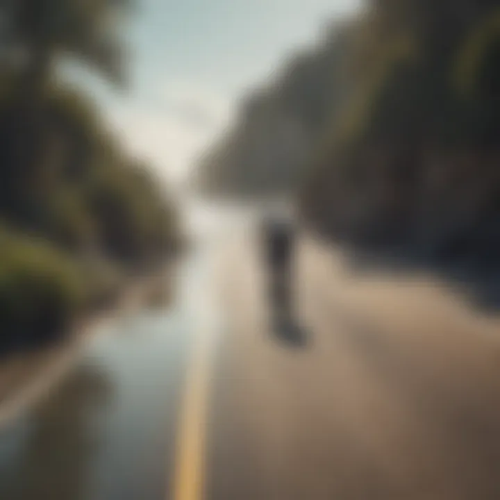 A cyclist navigating a coastal road with a surfboard attached