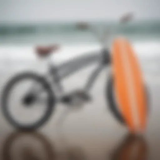 A sleek surfboard bike attachment showcasing its design