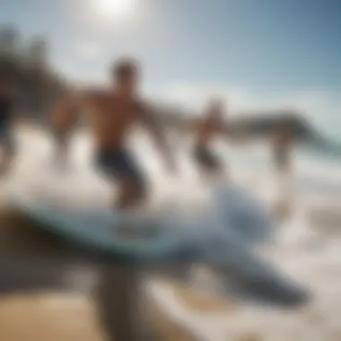 Group of skimboarders enjoying a day at the shore