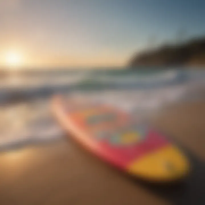 A vibrant fun board surfboard on the beach