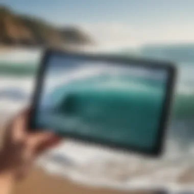 Surf Tablet in Action: Monitoring Wave Conditions A close-up of a surf tablet displaying wave conditions.