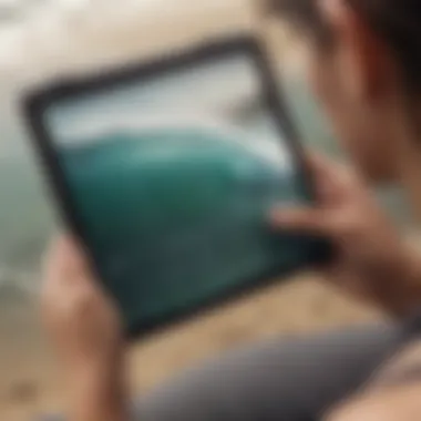 Enhancing Skills: Surf Training Metrics on Tablet A tablet showcasing surfing training metrics.