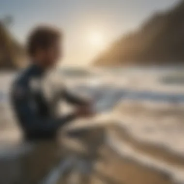 A surfer using a tablet on the beach for navigation.